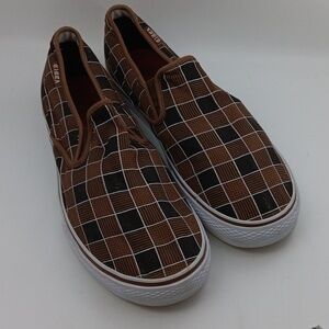 STYLISH UNIQUE BROWN  CHECKERD  SLIP-ON SNEAKERS SIZE 12